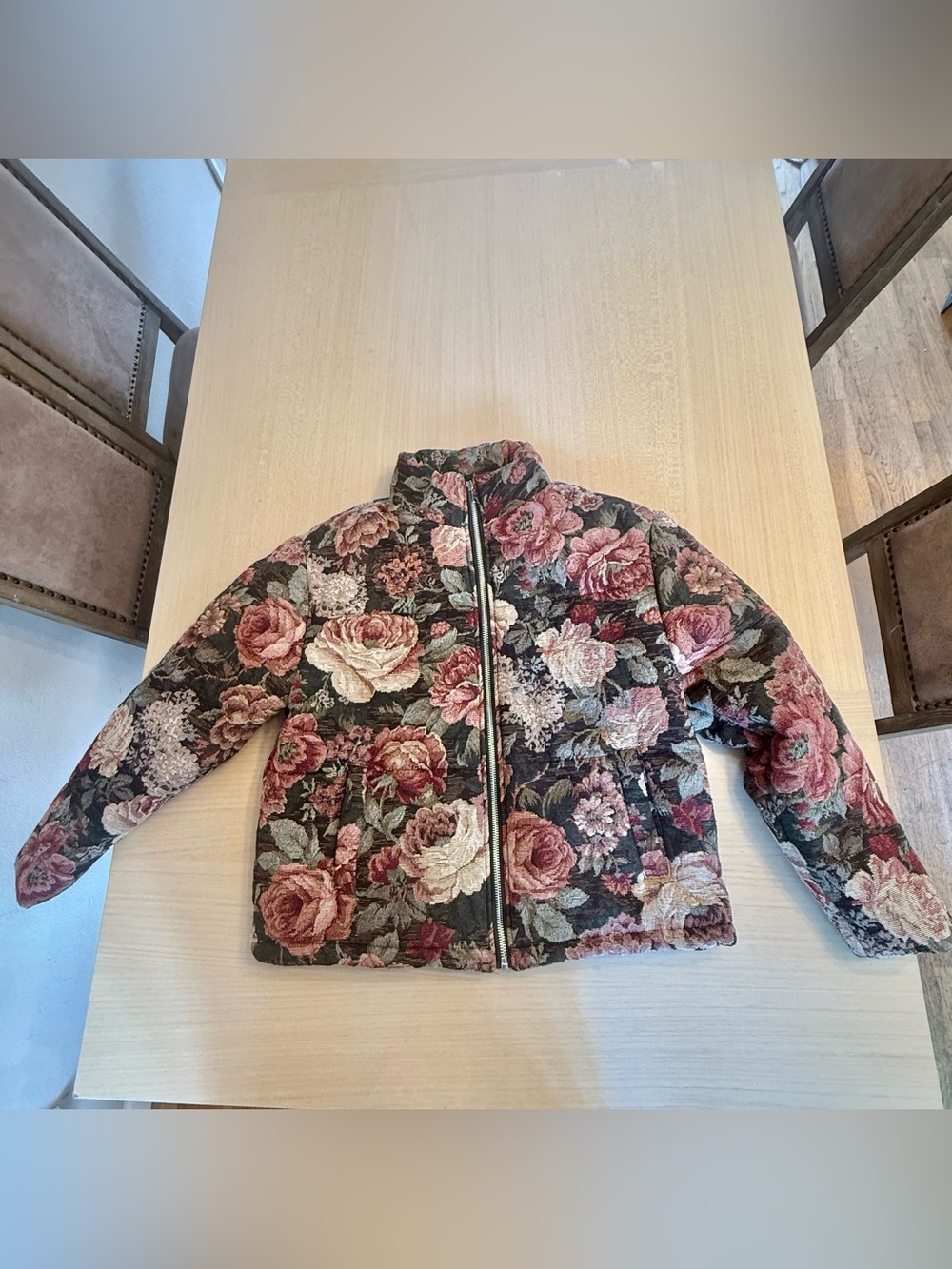 Floral Rose Tapestry Puffer Jacket Coat Grandma Couch